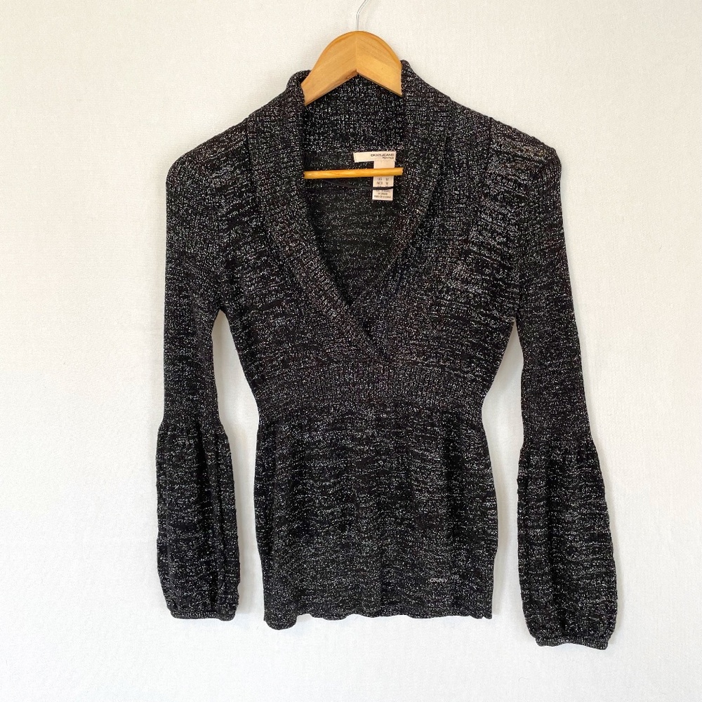 DKNY Jeans Medium Petite V-neck Shawl Collar Black Silver Metallic Knit Sweater